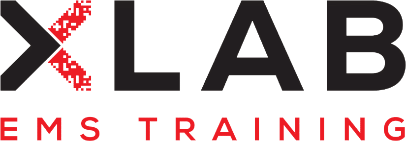 The image shows the logo "XLAB" in bold black letters, with the left stroke of the X pixelated in red, and the text "EMS TRAINING" in red capital letters below. The image shows the logo "XLAB" in bold black letters, with the left stroke of the X pixelated in red, and the text "EMS TRAINING" in red capital letters below.